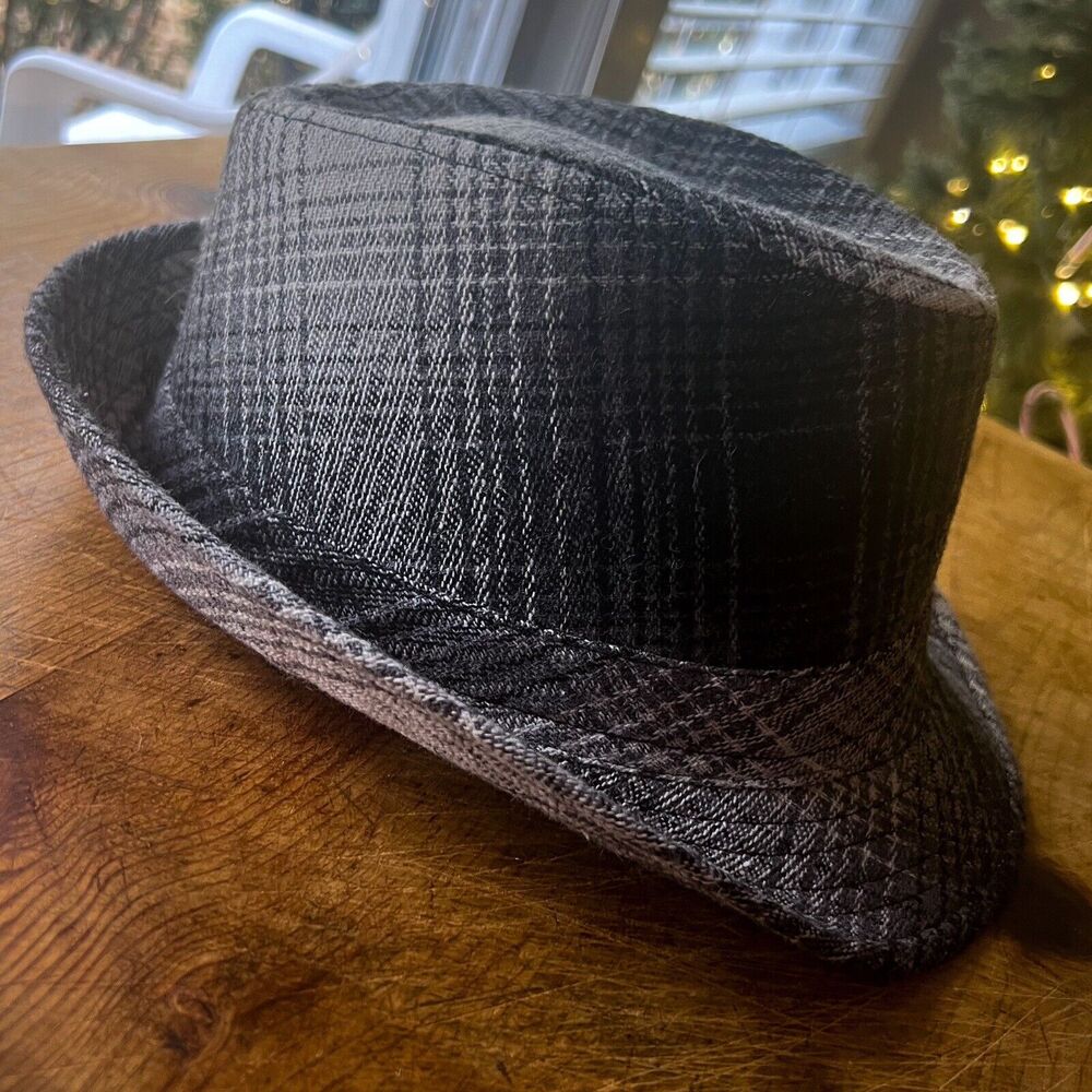Ole Wool & Viscose Black & Gray Plaid Fedora Hat Mens O/S 24” circumference